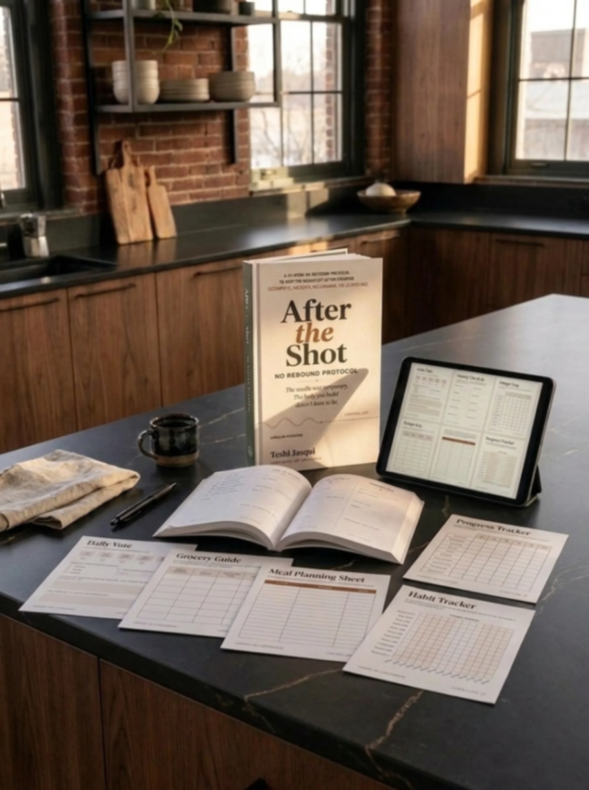 After the Shot — book, workbook, and printed bonus tools laid out on a kitchen counter